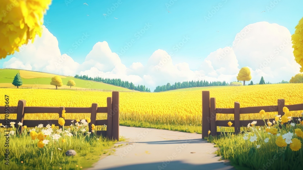 Fototapeta premium Open farm gate inviting viewers into a vibrant agricultural landscape with ripening grain crops under the summer sun