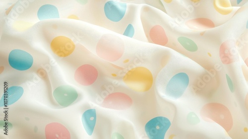 Pastel polka dots in soft colors float on a white background giving a whimsical look suitable for playful and joyful themes with open space photo