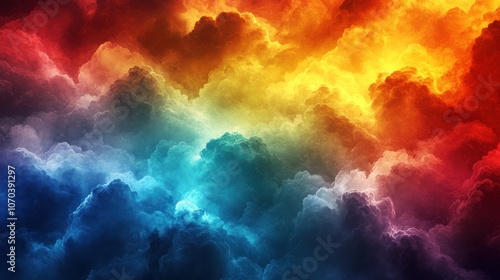 Abstract fiery and stormy clouds in blue, red, orange and yellow hues.