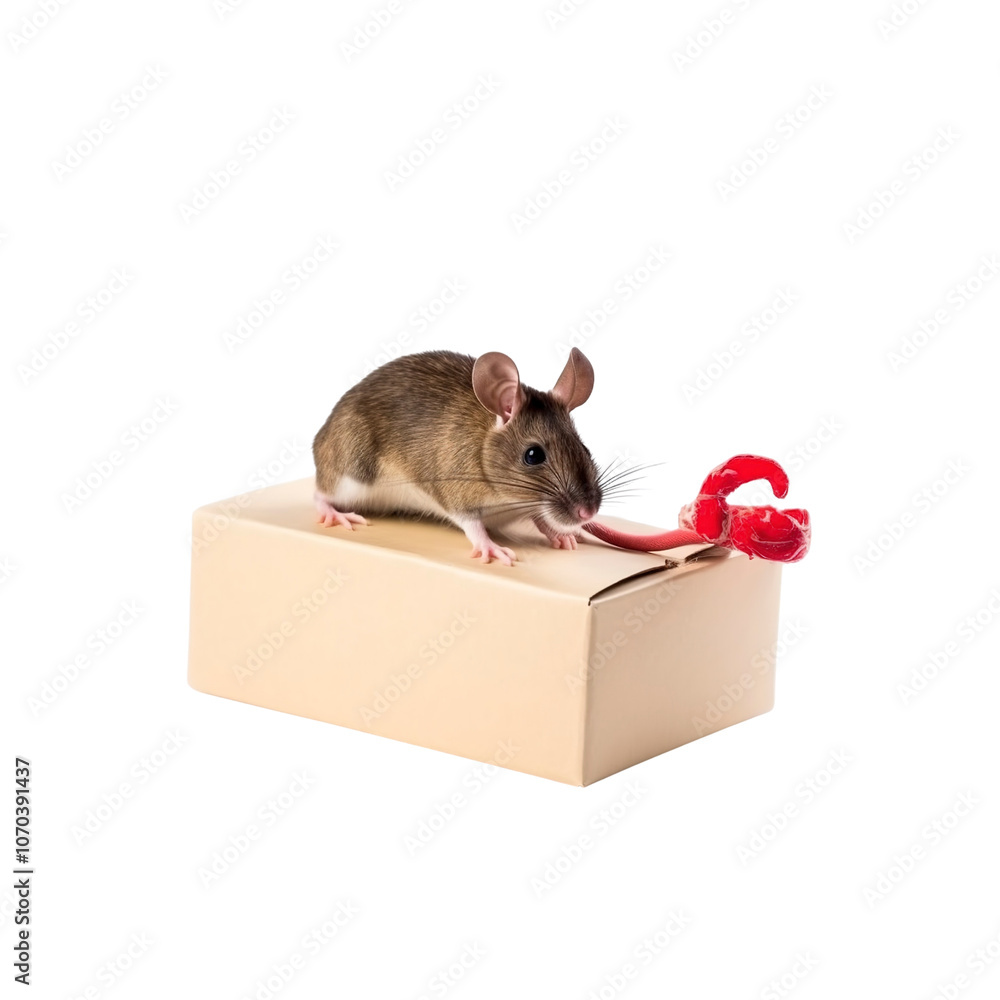 Fototapeta premium Curious Mouse on a Cardboard Box with a Red Ribbon
