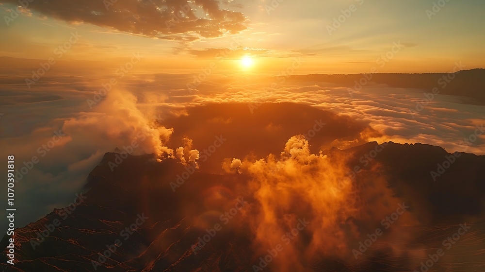 A breathtaking view of Mount Bromo volcano at sunrise, with golden sunlight casting over the misty valleys and surrounding rugged terrain, smoke gently rising from the crater, A breathtaking view of Mount Bromo volcano at sunrise, with golden sunlight casting over the misty valleys and surrounding rugged terrain, smoke gently rising from the crater,