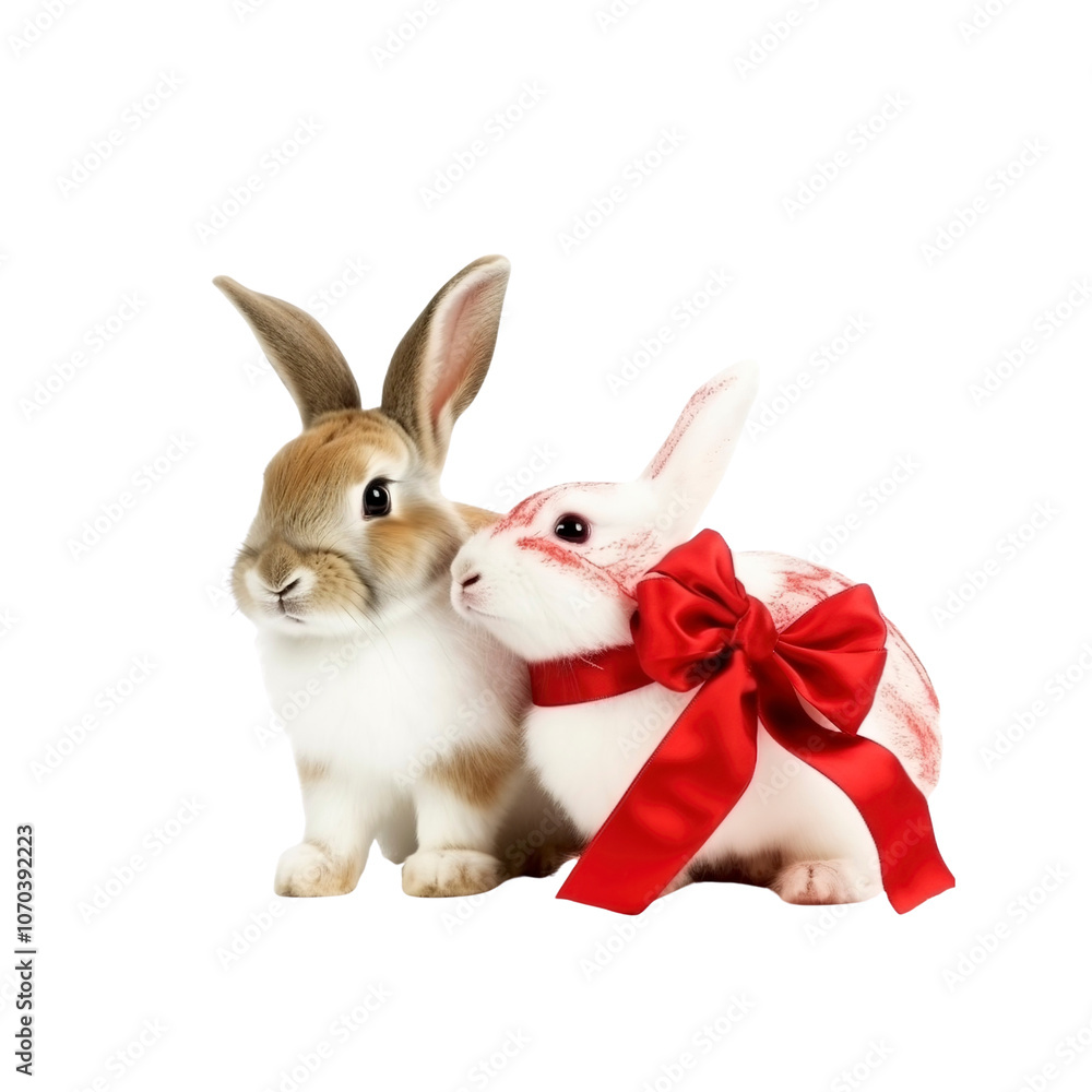 Naklejka premium Two Cute Rabbits with a Red Bow