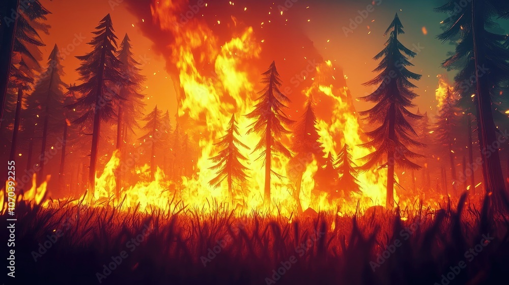 Intense flames engulfing trees in a dense forest illustrating the destructive power of wildfires Intense flames engulfing trees in a dense forest illustrating the destructive power of wildfires