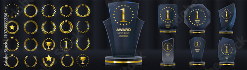 Glass Award. The winner's trophy. Number 1. Gold inscription. Success in the competition. Achievement of the leader. Vector victory banner