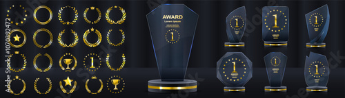 Glass Award. The winner's trophy. Number 1. Gold inscription. Success in the competition. Achievement of the leader. Vector victory banner