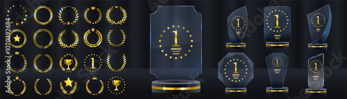 Glass Award. The winner's trophy. Number 1. Gold inscription. Success in the competition. Achievement of the leader. Vector victory banner