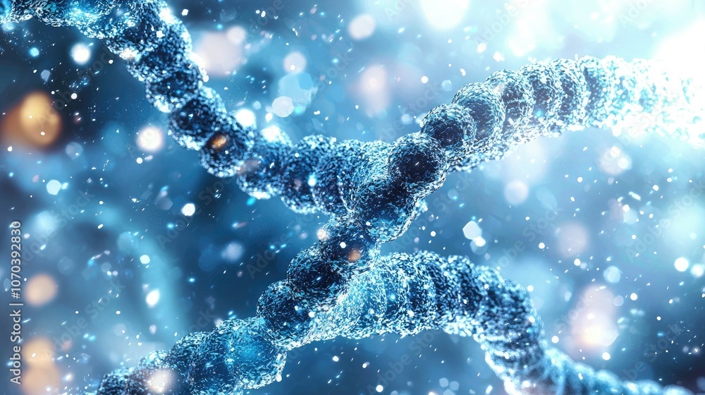 Abstract blue DNA helix strands on a blue bokeh background with blurred light. Abstract blue DNA helix strands on a blue bokeh background with blurred light.