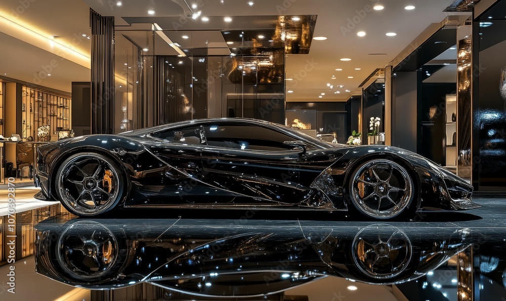 Black sports car reflecting on floor. Black sports car reflecting on floor.