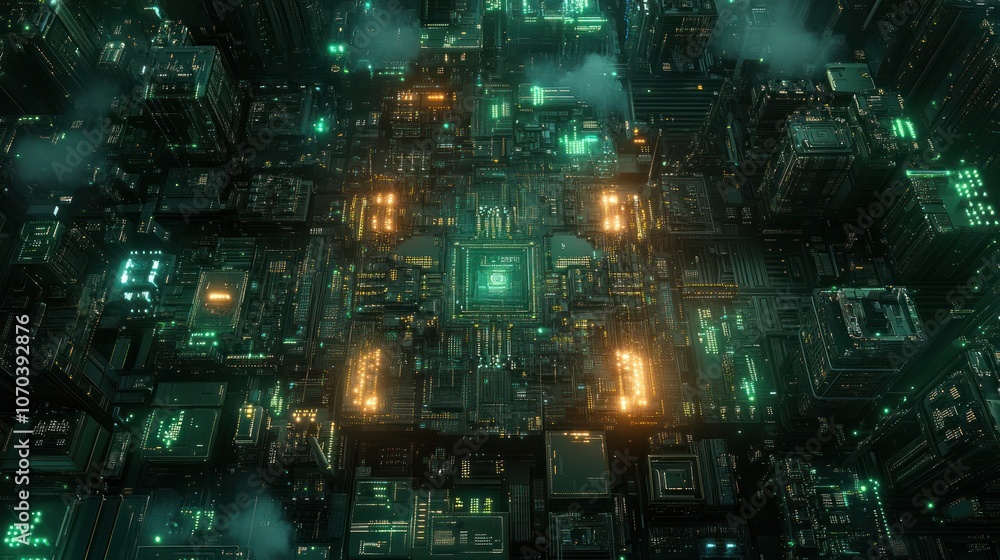 Futuristic city with glowing lights and circuit board patterns, abstract digital design. Futuristic city with glowing lights and circuit board patterns, abstract digital design.