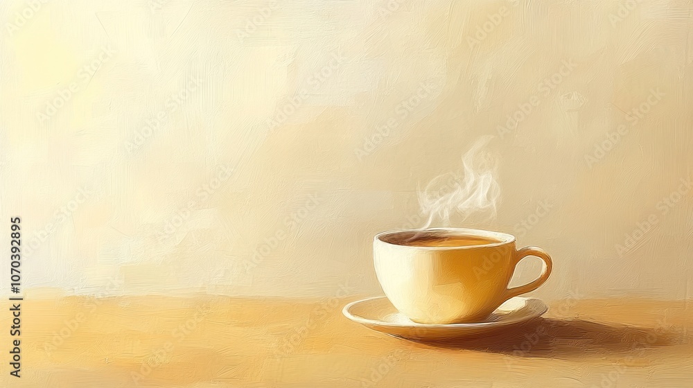 A steaming cup of coffee sits on a wooden table against a soft, yellow backdrop. A steaming cup of coffee sits on a wooden table against a soft, yellow backdrop.
