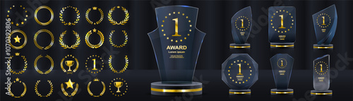 Glass Award. The winner's trophy. Number 1. Gold inscription. Success in the competition. Achievement of the leader. Vector victory banner