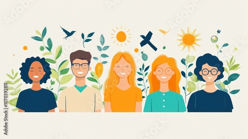 Diverse group of smiling people surrounded by nature elements like leaves, birds, and the sun.