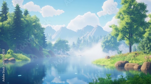 Serene misty morning over tranquil lake waters perfect for calming nature scenes