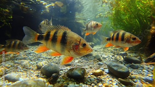 A group of  five colorful fish with yellow, orange, and black stripes swim in a clear riverbed with rocks and green plants. photo