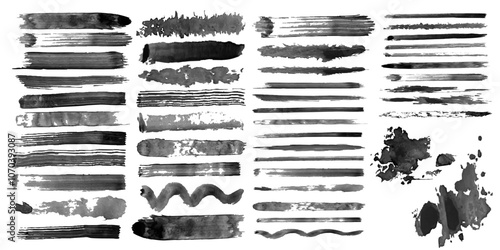 Watercolor brushes and spots blot vector set. Black ink paint brush stroke,line, texture,splash, dirty overlay. Paint artistic dry brush stroke. Different grunge lines collection design elements