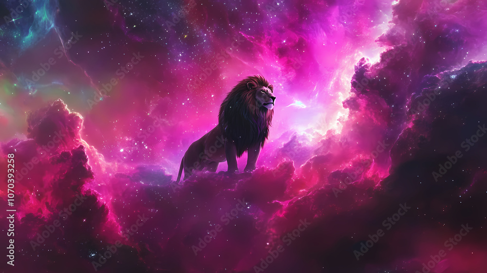 Fototapeta premium A majestic lion stands amidst a colorful nebula. Majestic. Illustration