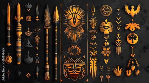 Explore unique tribal symbols and patterns for creative design projects using stunning orange artwork