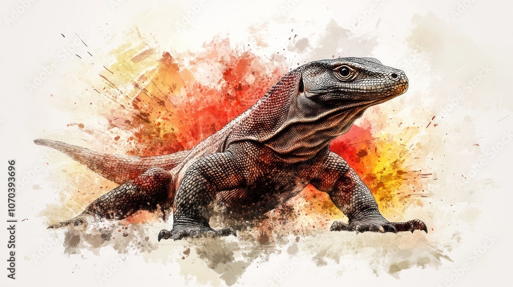 A Komodo dragon, a large lizard native to Indonesia, is depicted in a watercolor style with splashes of red and yellow. A Komodo dragon, a large lizard native to Indonesia, is depicted in a watercolor style with splashes of red and yellow.