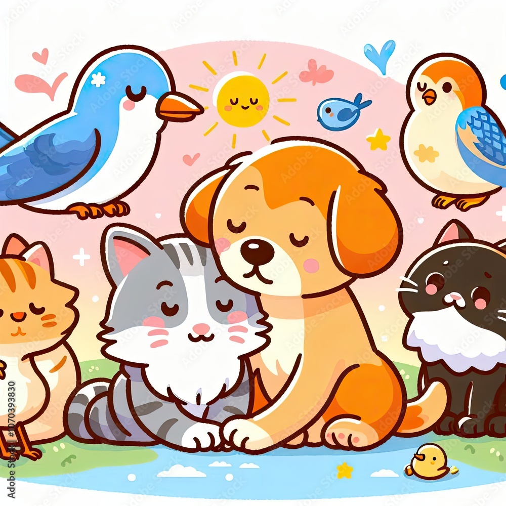 Naklejka premium Animals being kind to each other: This could be a picture of a dog comforting a cat or a bird feeding its young. illustration
