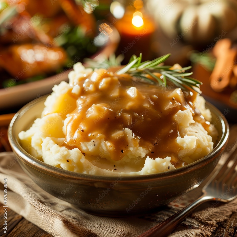 Close up of mashed potatoes and gravy served in a bowl at a festive Thanksgiving table Close up of mashed potatoes and gravy served in a bowl at a festive Thanksgiving table