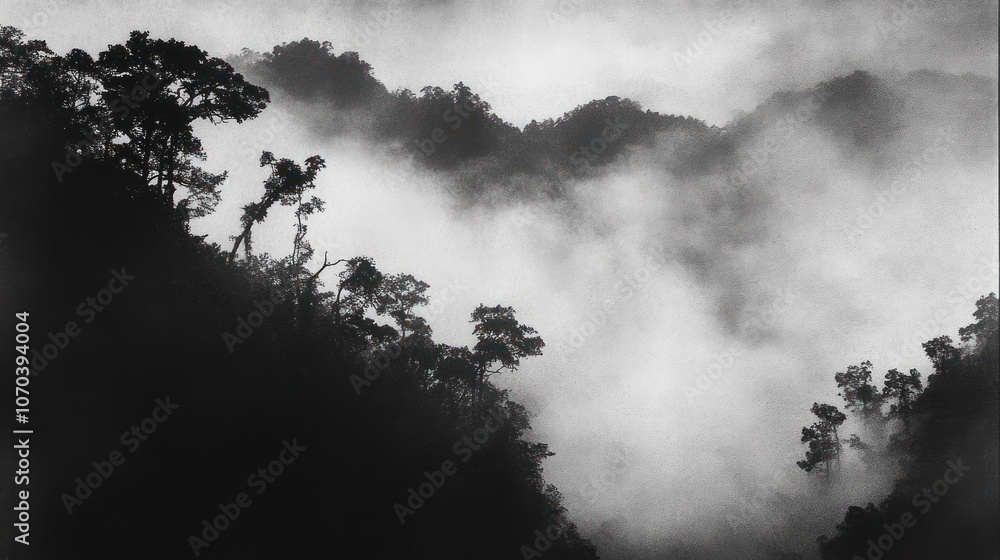 A misty mountain landscape with trees silhouetted against the fog. A misty mountain landscape with trees silhouetted against the fog.