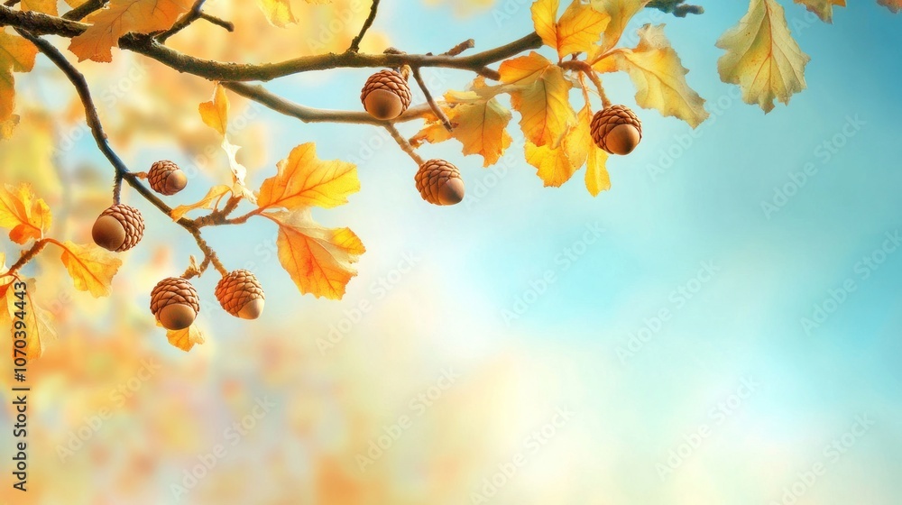 A serene autumn scene featuring golden leaves and acorns against a soft blue background. A serene autumn scene featuring golden leaves and acorns against a soft blue background.