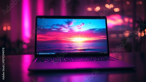 Experience the serenity of a vibrant sunset reflected on your laptop screen