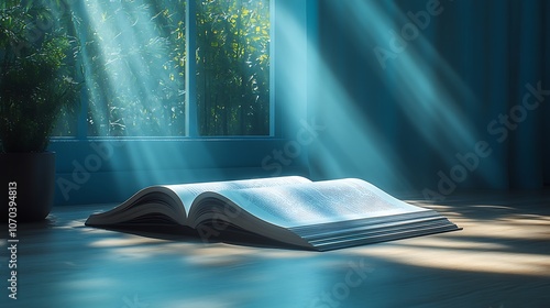 Discover the tranquil beauty of an open book bathed in sunlight and nature's glow
