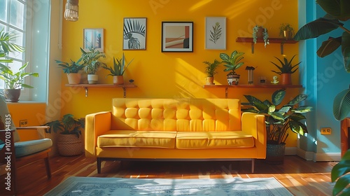 A bright, colorful living room featuring a boucl?(C) sofa, vibrant fake posters, plants on stylish shelves, and personal decor items scattered throughout,  photo