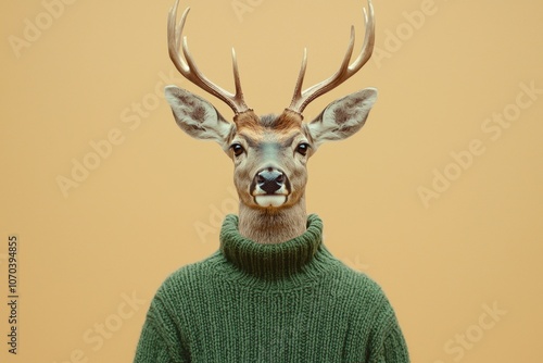 A deer with antlers is wearing a green sweater