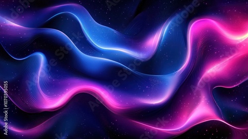 Abstract glowing blue and pink wavy lines with a dark blue background and white speckles.