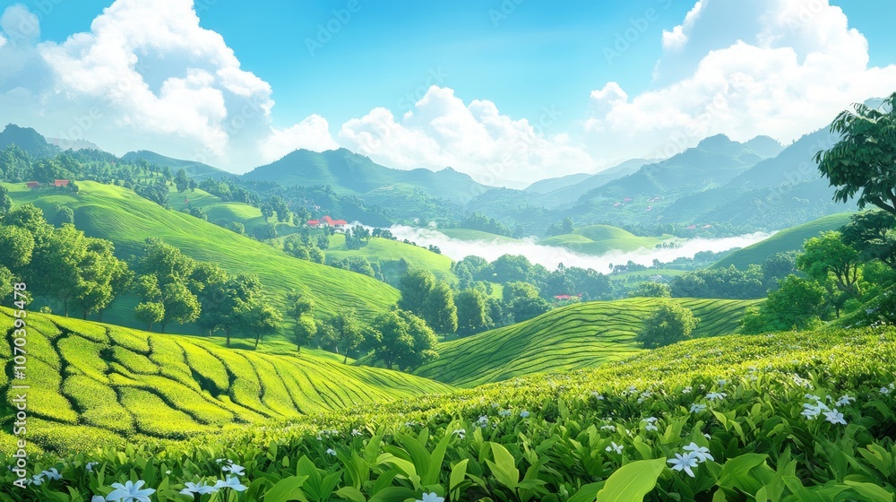 Fototapeta premium Scenic view of rolling hills and lush greenery from a picturesque tea estate showcasing nature s tranquility