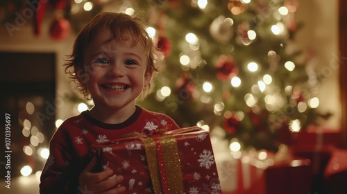 A cheerful young child smiles brightly while holding a wrapped gift. The cozy atmosphere is enhanced by a glowing Christmas tree adorned with colorful ornaments and lights.