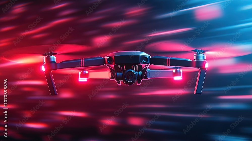 Naklejka premium A black drone with red lights flying through a blurred red and blue background.