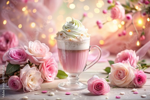 Romantic Pink Coffee with Whipped Cream Surrounded by Roses in a Dreamy Setting Perfect for Fashion Photography and Aesthetic Lifestyle Imagery