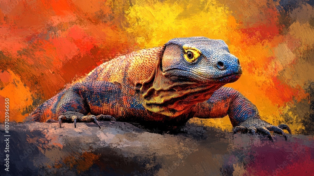 A Komodo dragon with a yellow eye looks directly at the viewer against a vibrant orange and yellow abstract background. A Komodo dragon with a yellow eye looks directly at the viewer against a vibrant orange and yellow abstract background.