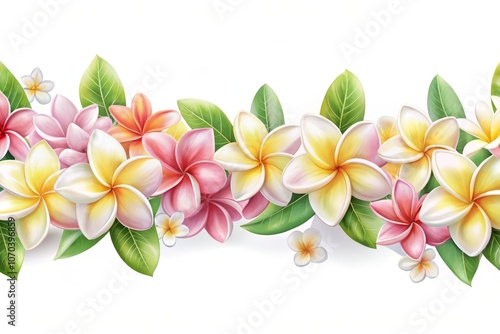  Pastel Frangipani Flower Garland on White Background - Perfect PNG Element for Tropical Designs, Invitations, and Floral Decor - Plumeria Border for Various Creative Projects