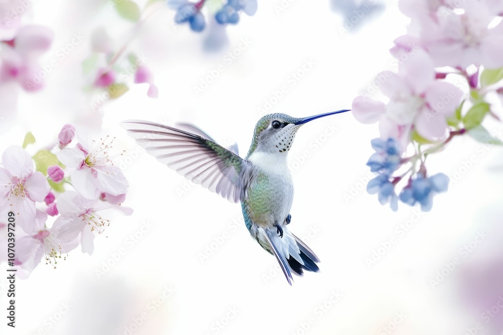 Naklejka premium A hummingbird hovers near pink blossoms.