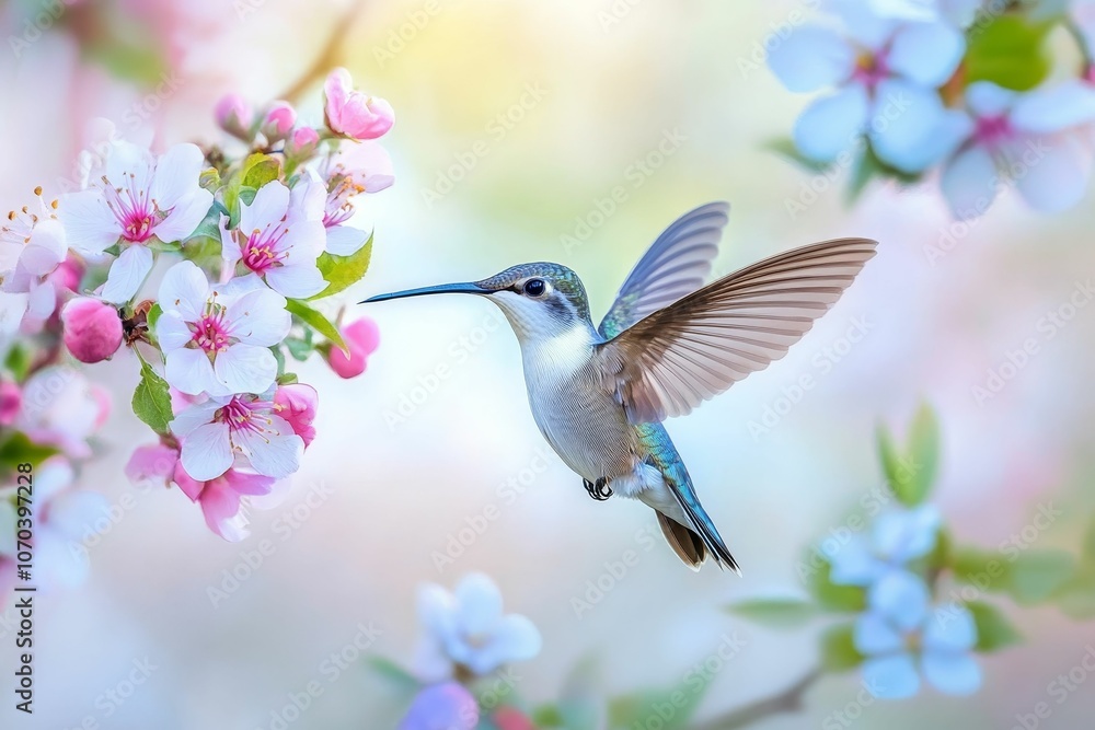 Hummingbird in flight, pink and blue flowers. Hummingbird in flight, pink and blue flowers.