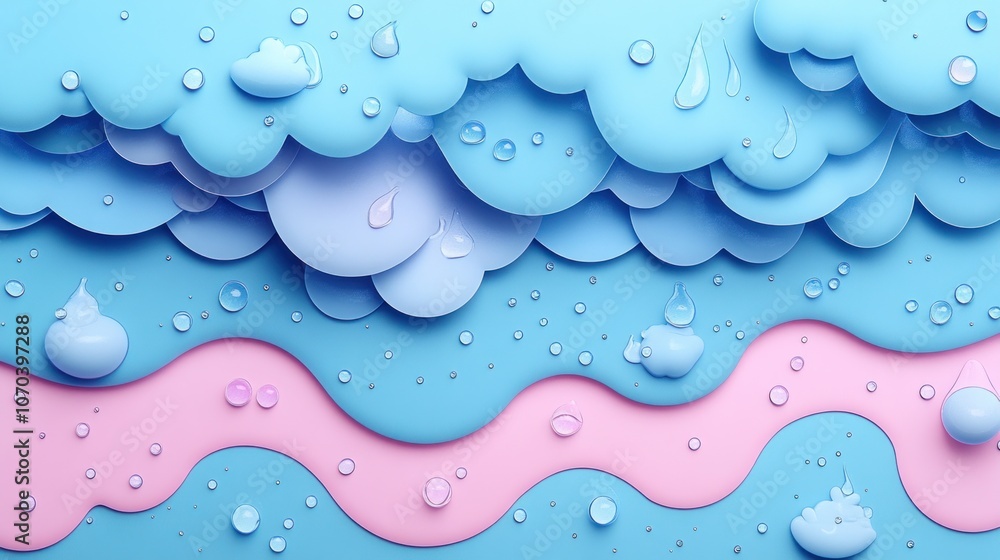 Abstract background with clouds, water drops, and wavy lines in blue and pink colors. Abstract background with clouds, water drops, and wavy lines in blue and pink colors.