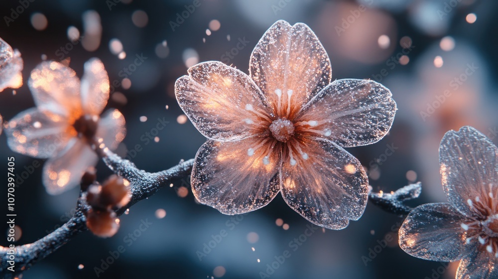 A close-up of a delicate flower with glowing petals and bokeh effect in the background. A close-up of a delicate flower with glowing petals and bokeh effect in the background.