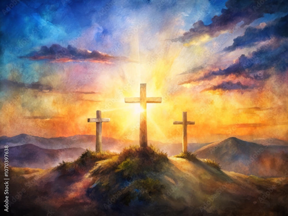 Serene Sunrise View of the Three Crosses on Golgotha from the Holy Sepulchre, Captured in a Digital Watercolor Style, Evoking Peace and Reflection in Sacred Moments Serene Sunrise View of the Three Crosses on Golgotha from the Holy Sepulchre, Captured in a Digital Watercolor Style, Evoking Peace and Reflection in Sacred Moments