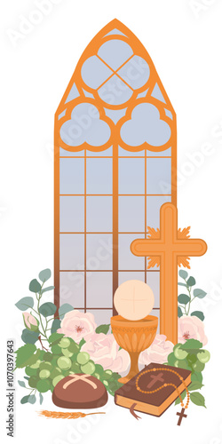 First Communion symbols. Vector. Golden wine cup, Grail, bread, Bible, rosary, wine, white roses and crucifix. Festively decorated altar in the church. Clipart for holiday invitations, greeting cards.