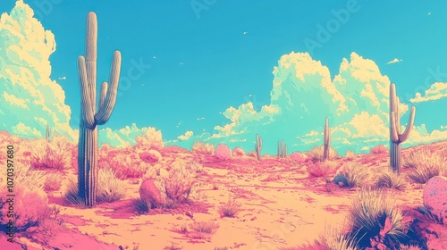 A vibrant desert landscape with towering cacti, fluffy clouds, and a soft, pink hue.