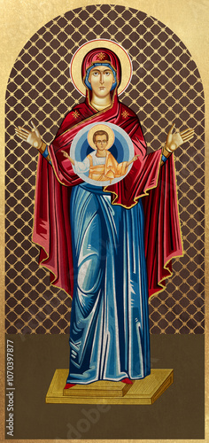 Traditional Christian icon of the Unbreakable Wall. Antique illustration in Greek style photo