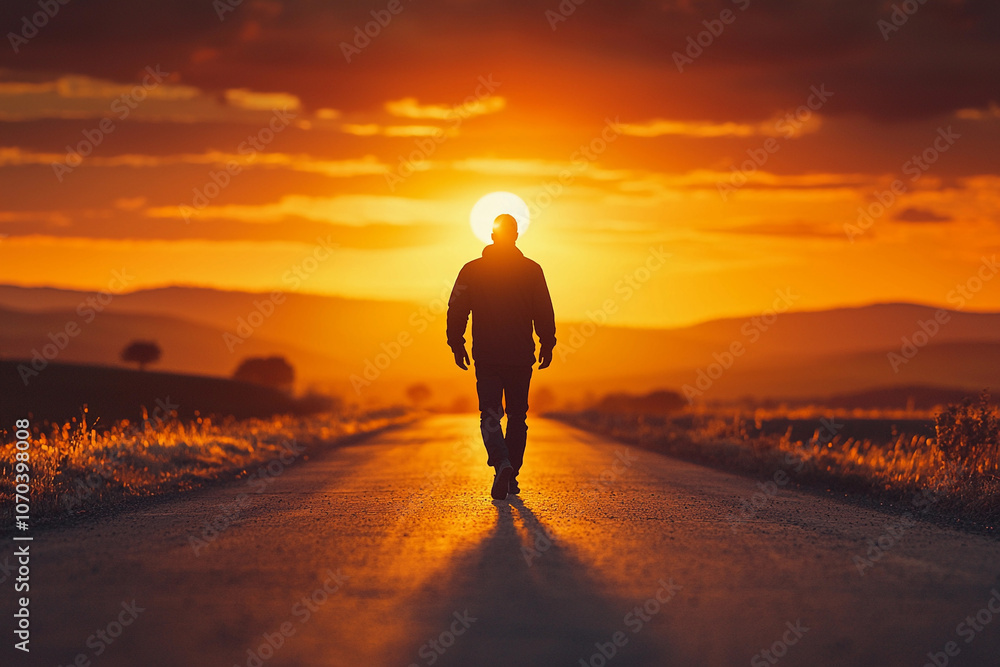 Silhouetted man walking on a deserted road during sunset Silhouetted man walking on a deserted road during sunset