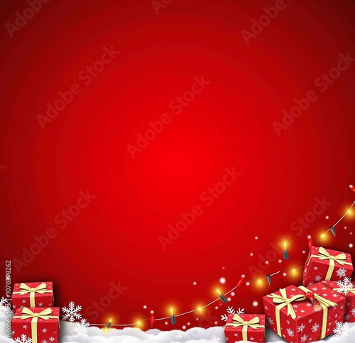 Christmas background with red gift boxes, white snowflakes, and Christmas lights on the right side of a red banner