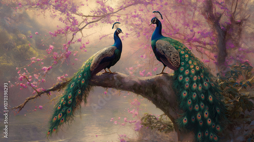 Two beautiful peacocks standing on a branch of a tree over a river.