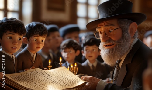 3D rabbi teaching children in a synagogue with Torah scrolls and menorah, educational and cultural, 3D illustration