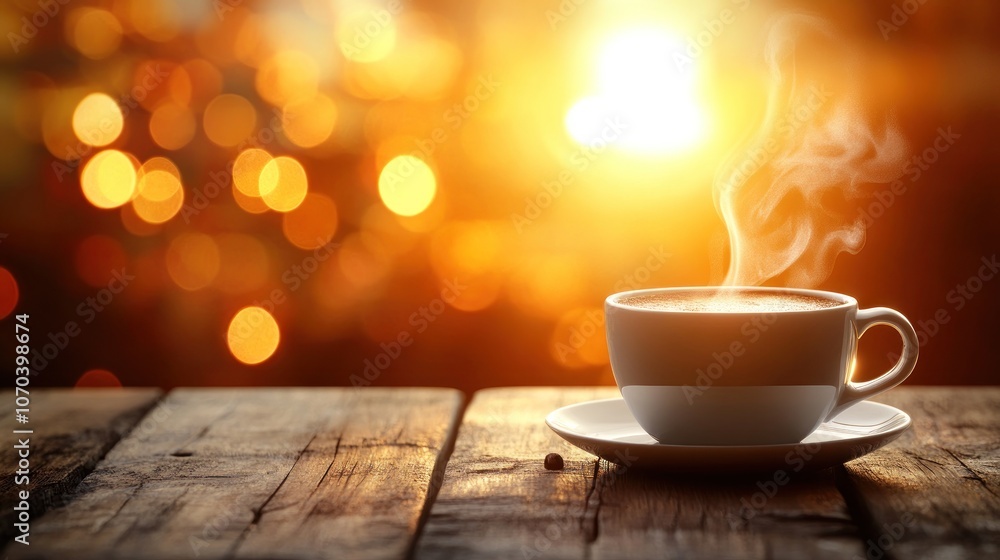 A steaming cup of coffee on a rustic wooden table with bokeh lights in the background, suggesting a warm and inviting atmosphere. A steaming cup of coffee on a rustic wooden table with bokeh lights in the background, suggesting a warm and inviting atmosphere.